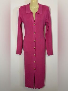 A.C.O.A Pink Rib-Knit Button-Front Sweater Dress